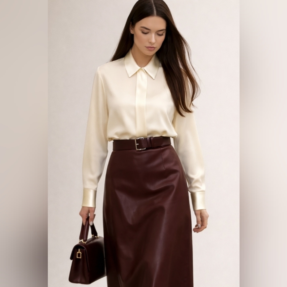 MULBERRY🐞Chic Cream Silk Button Down Luxury Shirt with Shiny Collar and Cuffs